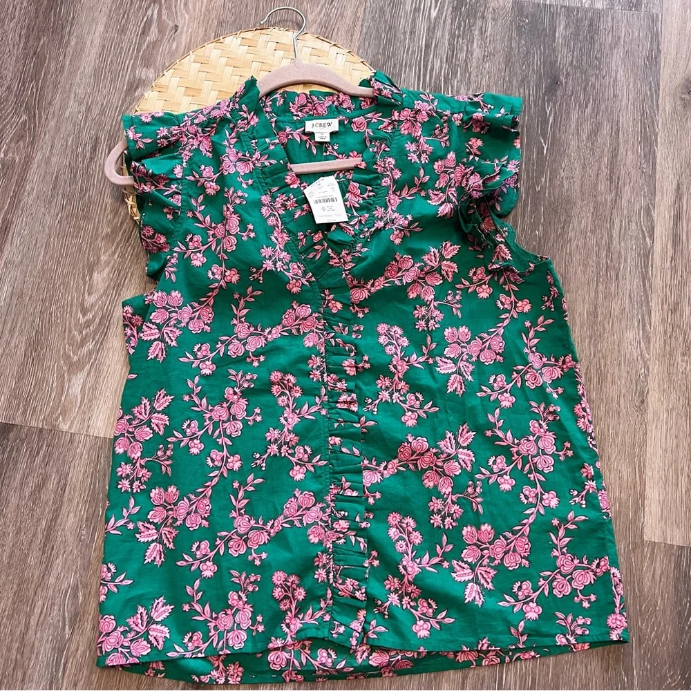 NWT J. Crew ruffle trim sleeveless blouse‎ green and pink floral print button